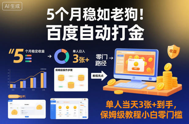 5个月稳如老狗！百度自动打金，单人当天3张+到手，保姆级教程小白零门槛【揭秘】-九九网创