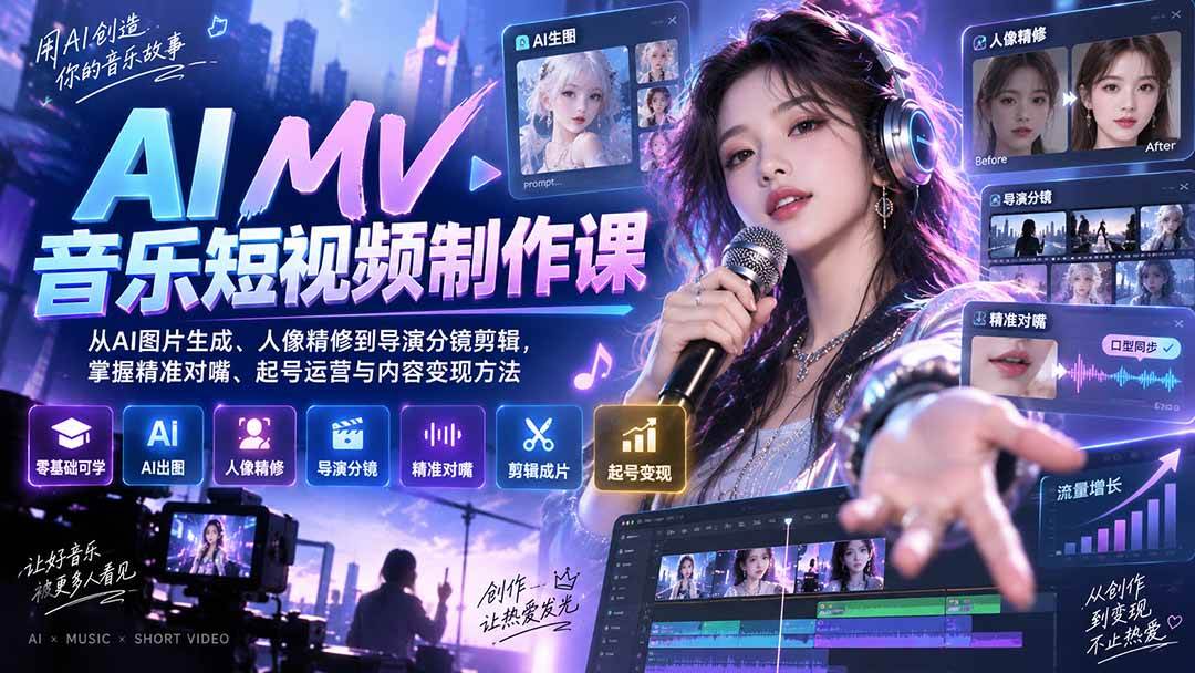 （20364期）AI MV音乐短视频制作课：从AI图片生成、人像精修到导演分镜剪辑，掌握精准对嘴、起号运营与内容变现方法-九九网创