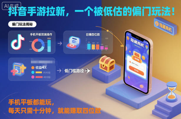 抖音手游拉新，一个被低估的偏门玩法！手机平板都能玩，每天只需十分钟，就能賺取四位数【揭秘】-九九网创