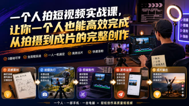 一个人拍短视频实战课，让你一个人也能高效完成从拍摄到成片的完整创作-九九网创