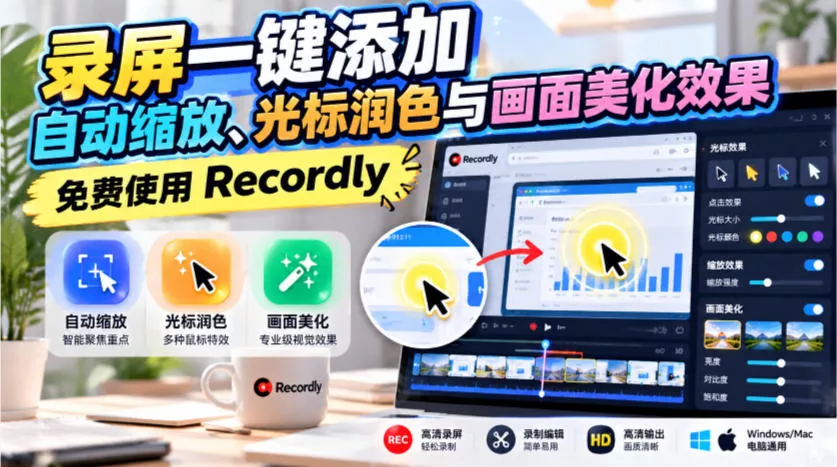录屏一键添加自动缩放、光标润色与画面美化效果，免费使用Recordly-九九网创