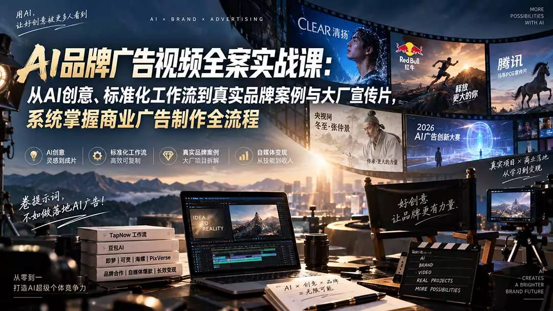 AI品牌广告视频全案实战课:从AI创意、标准化工作流到真实品牌案例与大厂宣传片,系统掌握商业广告制作全流程-九九网创