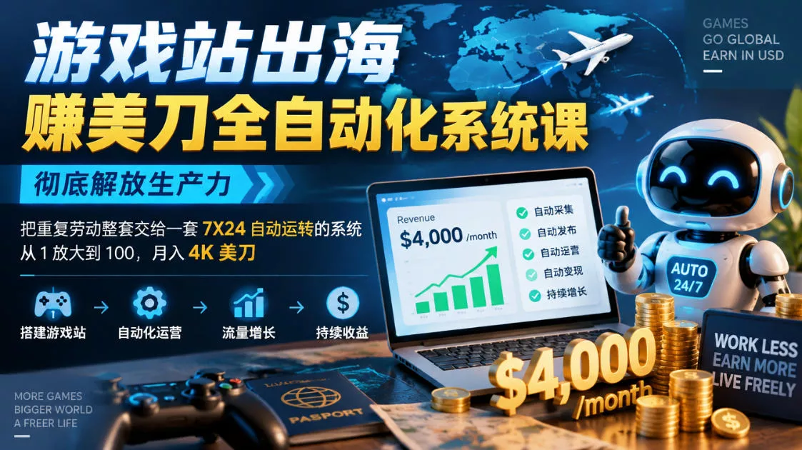 游戏站出海賺美刀全自动化系统课，彻底解放生产力–把重复劳动整套交给一套7X24自动运转的系统，从1放大到100，月入4K美刀-九九网创
