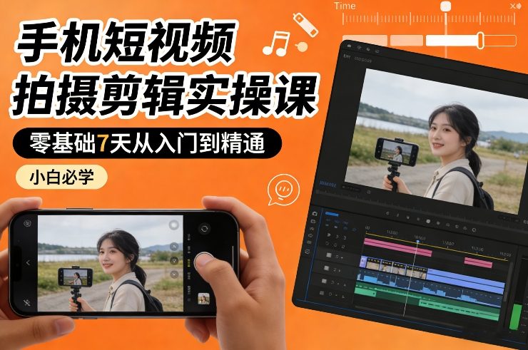 手机短视频拍摄剪辑实操课，零基础7天从入门到精通，小白必学-九九网创