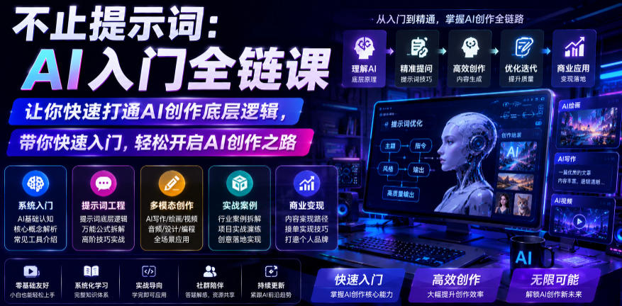 不止提示词:AI入门全链课,让你快速打通AI创作底层逻辑,带你快速入门,轻松开启AI创作之路-九九网创
