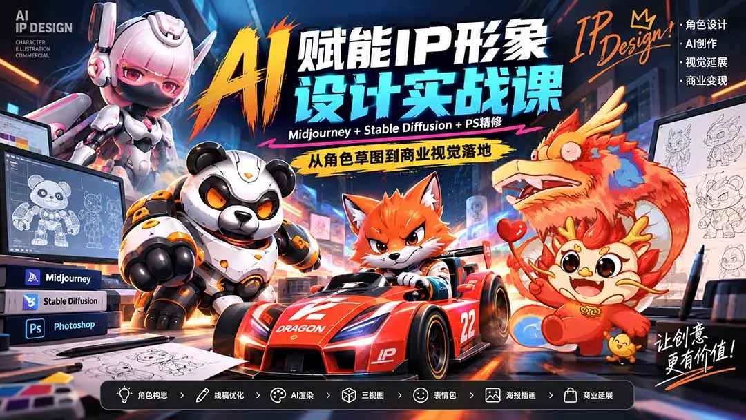 AI赋能IP形象设计实战课-无水印：Midjourney+Stable Diffusion+PS精修，从角色草图到商业视觉落地-九九网创