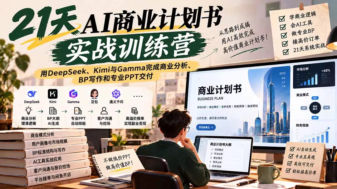 【无水印】21天AI商业计划书实战训练营：用DeepSeek、Kimi与Gamma完成商业分析、BP写作和专业PPT交付-九九网创