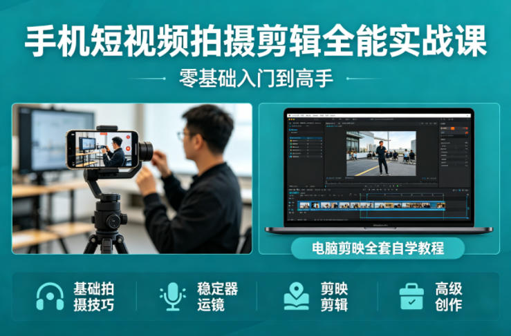 手机短视频拍摄剪辑全能实战课：零基础入门到高手，稳定器运镜+电脑剪映全套自学教程-九九网创