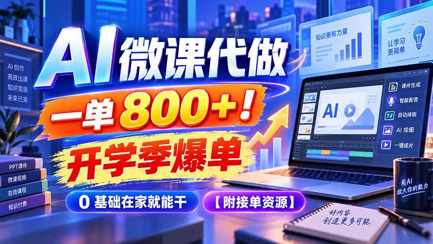 （20605期）AI 微课代做，一单 800+！开学季爆单，0 基础在家就能干【附接单资源】-九九网创