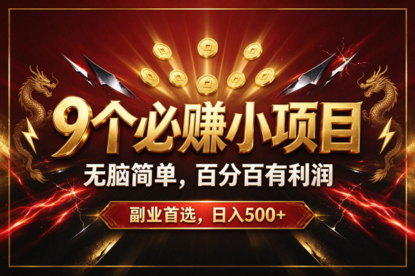 (20810期)9个必赚的小项目,无脑简单,百分百赚米的,副业首选,日收500+-九九网创