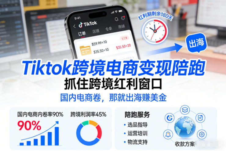 Tiktok跨境电商变现陪跑，抓住跨境红利窗口，国内电商卷，那就出海賺美金-九九网创