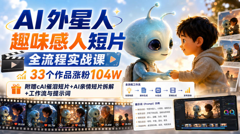 AI外星人趣味感人短片全流程实战课，33个作品涨粉104W，附赠AI催泪短片+AI亲情短片拆解+工作流与提示词-九九网创