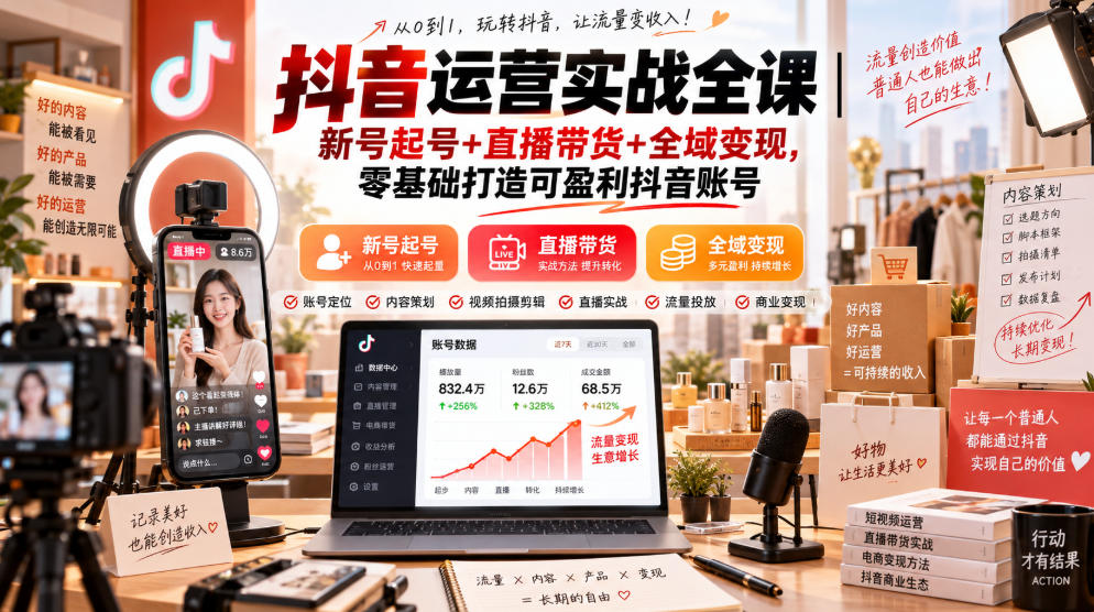 抖音运营实战全课|新号起号+直播带货+全域变现,零基础打造可盈利抖音账号-九九网创