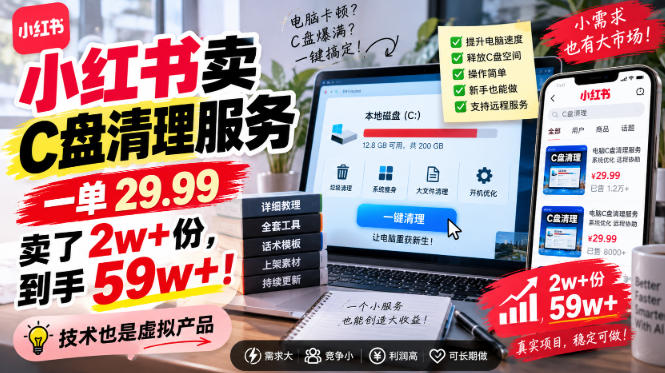 小红书卖C盘清理服务，一单29.99，卖了2w+份，技术也是虚拟产品-九九网创