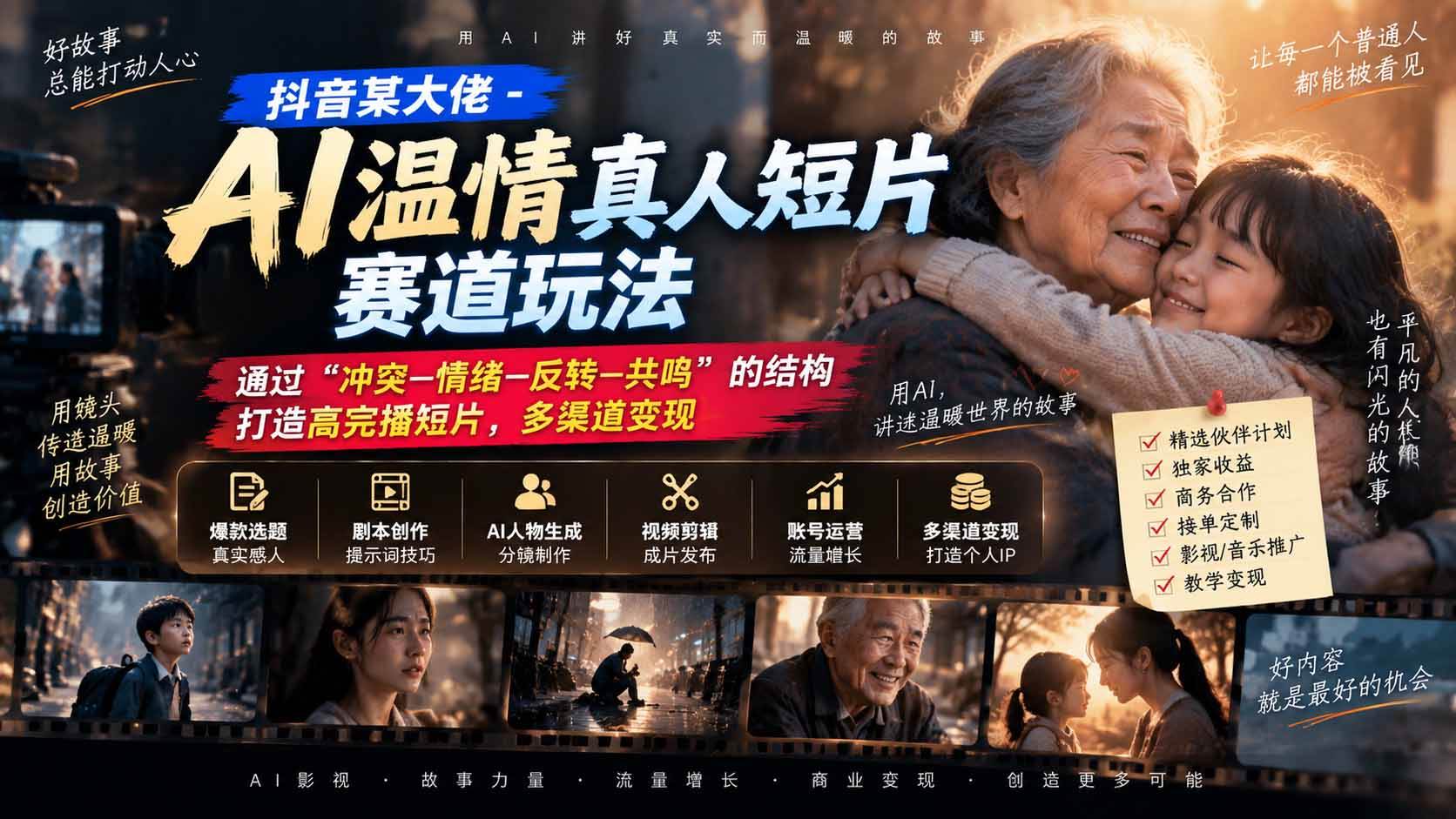 （20538期）抖音某大佬-AI温情真人短片赛道玩法：通过“冲突—情绪—反转—共鸣”的结构打造高完播短片，多渠道变现-九九网创