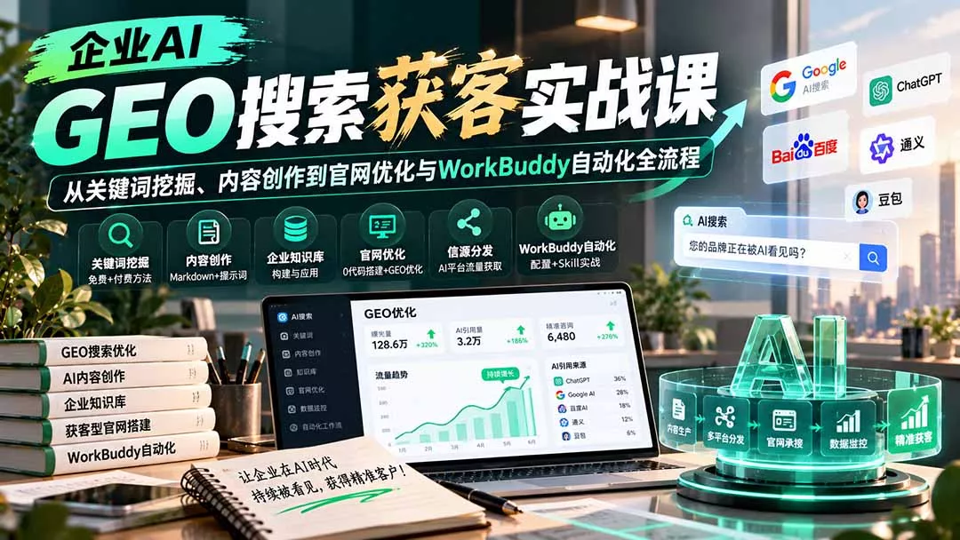企业AI GEO搜索获客实战课：从关键词挖掘、内容创作到官网优化与WorkBuddy自动化全流程-九九网创