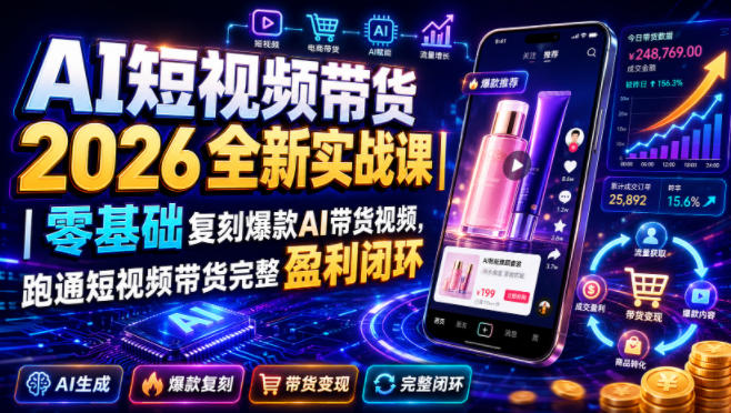 AI短视频带货2026全新实战课|零基础复刻爆款AI带货视频,跑通短视频带货完整盈利闭环-九九网创