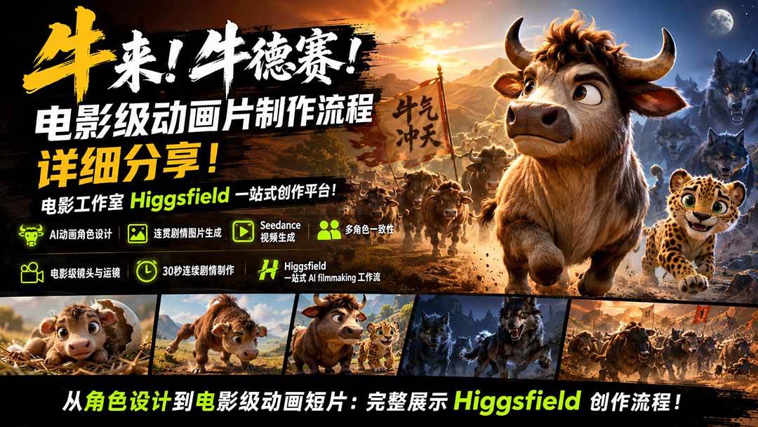 （19987期）牛来！牛德赛！电影级动画片制作流程详细分享！电影工作室Higgsfield一站式创作平台！-九九网创