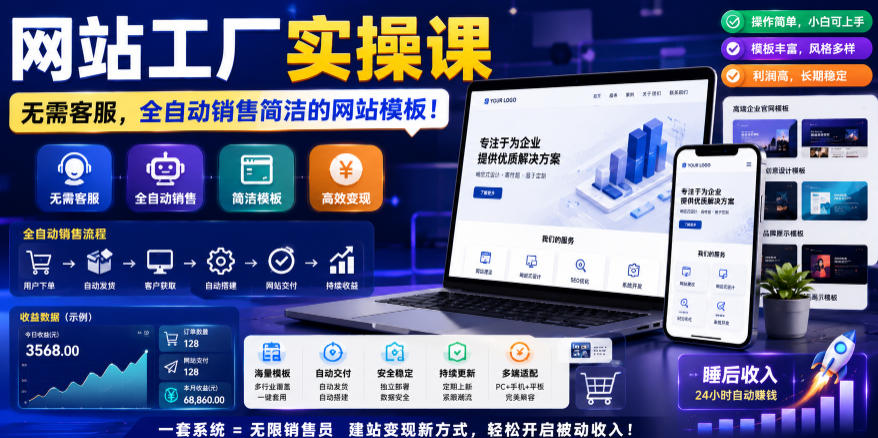 网站工厂实操课，无需客服，网站模板自动赚钱！【原创双语字幕】-九九网创