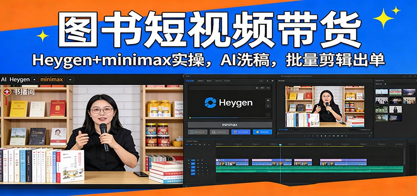 图书短视频带货：Heygen+minimax实操，AI洗稿 ，批量剪辑出单-九九网创