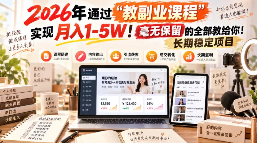 2026年通过“教副业课程”实现月入1-5W！毫无保留的全部教给你！长期稳定项目-九九网创