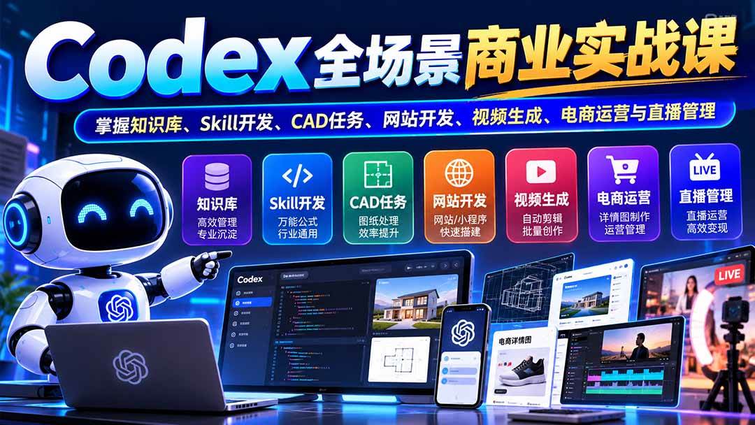 （20712期）【无水印】Codex全场景商业实战课：掌握知识库、Skill开发、CAD任务、网站开发、视频生成、电商运营与直播管理-九九网创