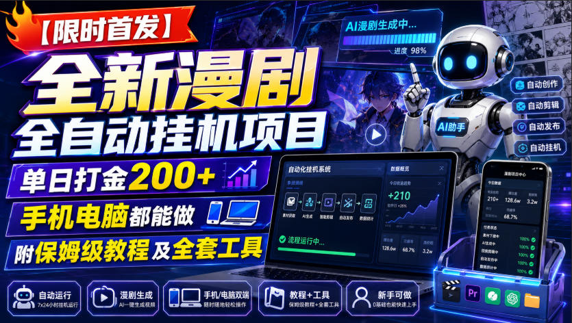 【限时首发】全新漫剧全自动挂G项目，单日打金200+，手机电脑都能做，附保姆级教程及全套工具【揭秘】-九九网创