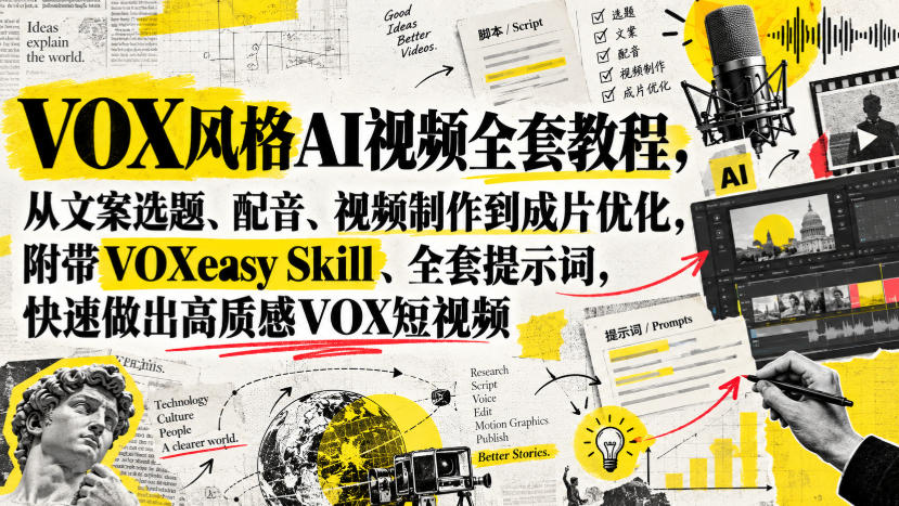 VOX风格AI视频全套教程，从文案选题、配音、视频制作到成片优化，附带VOXeasy Skill、全套提示词，快速做出高质感VOX短视频-九九网创