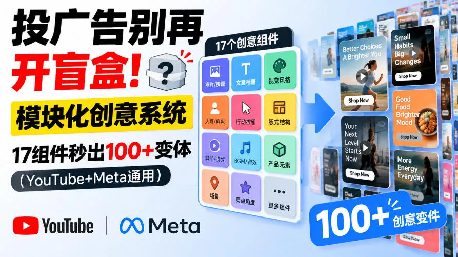 投广告别再开盲盒！模块化创意系统，17组件秒出100+变体(YouTube+Meta通用)【原创双语字幕】-九九网创