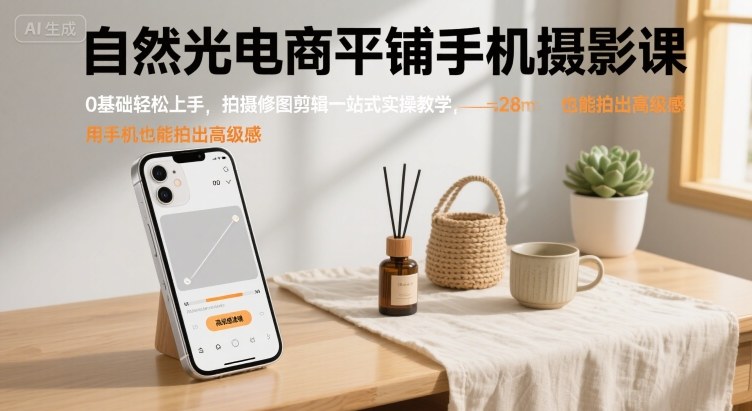 自然光电商平铺手机摄影课，0基础轻松上手，拍摄修图剪辑一站式实操教学，用手机也能拍出高级感-九九网创