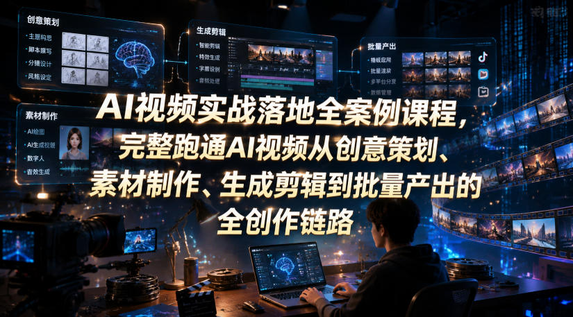 AI视频实战落地全案例课程，完整跑通AI视频从创意策划、素材制作、生成剪辑到批量产出的全创作链路-九九网创