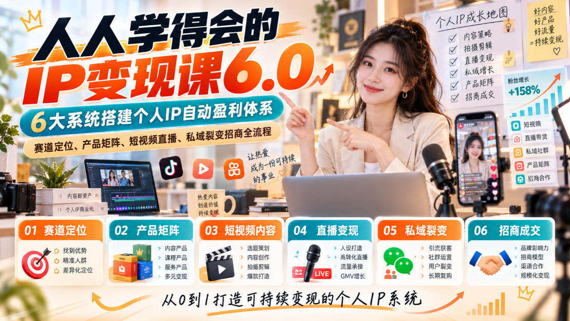 人人学得会的IP变现课6.0，6大系统搭建个人IP自动盈利体系，赛道定位、产品矩阵、短视频直播、私域裂变招商全流程-九九网创