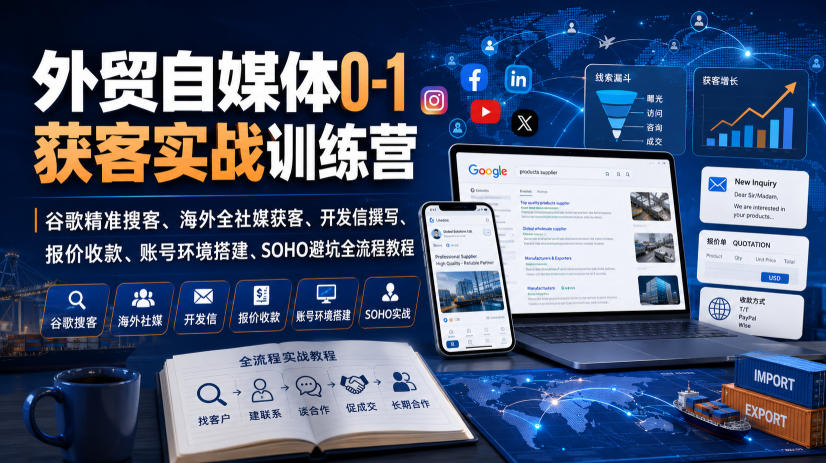 外贸自媒体0-1获客实战训练营｜谷歌精准搜客、海外全社媒获客、开发信撰写、报价收款、账号环境搭建、SOHO避坑全流程教程-九九网创
