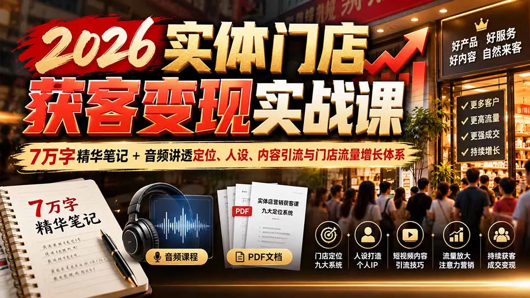 2026实体门店获客变现实战课:7万字精华笔记+音频讲透定位、人设、内容引流与门店流量增长体系-九九网创