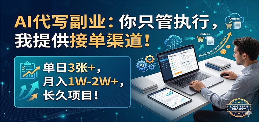 AI代写副业：你只管执行，我提供接单渠道！单日3张+，月入1W-2W+，长久项目-九九网创