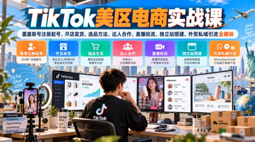 TikTok美区电商实战课，覆盖账号注册起号、开店发货、选品方法、达人合作、直播投流、独立站搭建、外贸私域引流全模块-九九网创