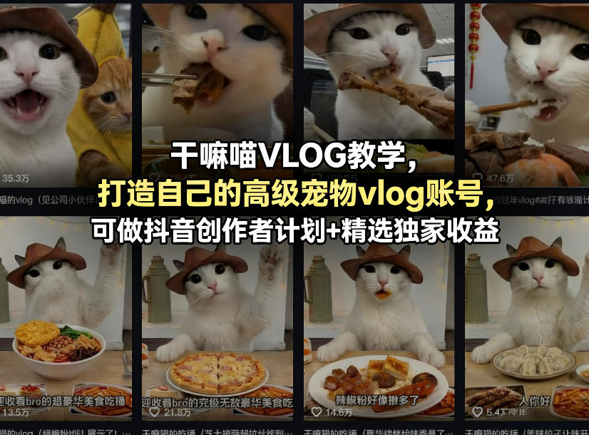 干嘛喵VLOG教学，打造自己的高级宠物vlog账号，可做抖音创作者计划+精选独家收益-九九网创