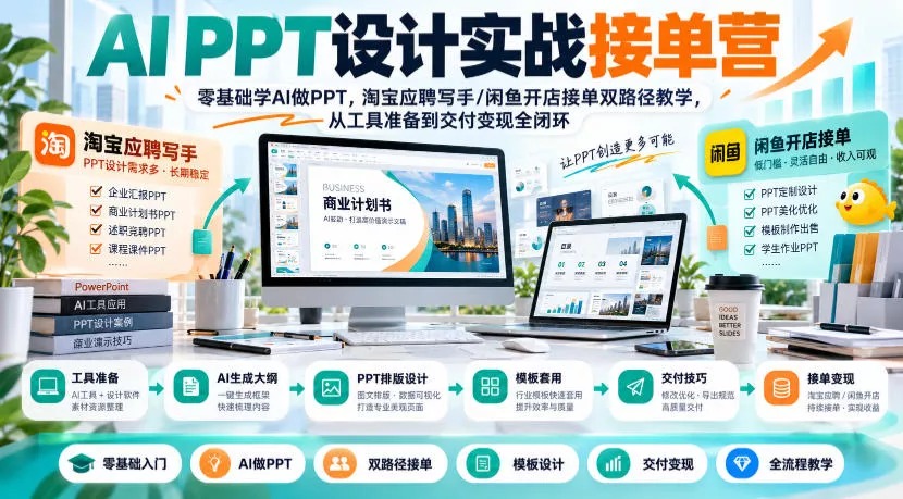 AI PPT设计实战接单营｜零基础学AI做PPT，淘宝应聘写手/闲鱼开店接单双路径教学，从工具准备到交付变现全闭环-九九网创