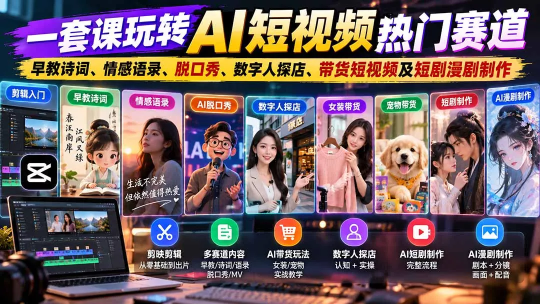 一套课玩转AI短视频热门赛道：早教诗词、情感语录、脱口秀、数字人探店、带货短视频及短剧漫剧制作 复制标题-九九网创