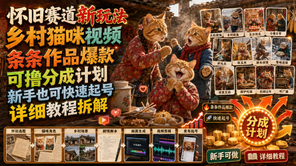 怀旧赛道新玩法,乡村猫咪视频,条条作品爆款,可撸分成计划,新手也可快速起号,详细教程拆解-九九网创