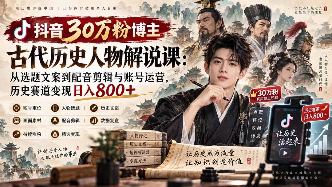 抖音30万粉博主古代历史人物解说课：从选题文案到配音剪辑与账号运营，历史赛道变现日入800+-九九网创
