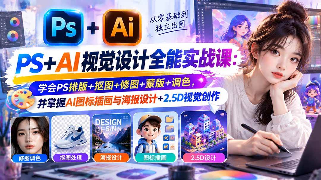 （20749期）【无水印】PS+AI视觉设计全能实战课：学会PS排版+抠图+修图+蒙版+调色，并掌握AI图标插画与海报设计+2.5D视觉创作
