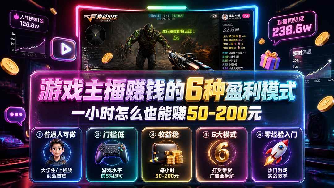 （19627期）付费文章：游戏主播赚钱的6种盈利模式，一小时怎么也能赚50-200元-九九网创