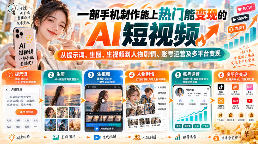 【无水印】一部手机制作能上热门能变现的AI短视频，从提示词、生图、生视频到人物剧情、账号运营及多平台变现-九九网创