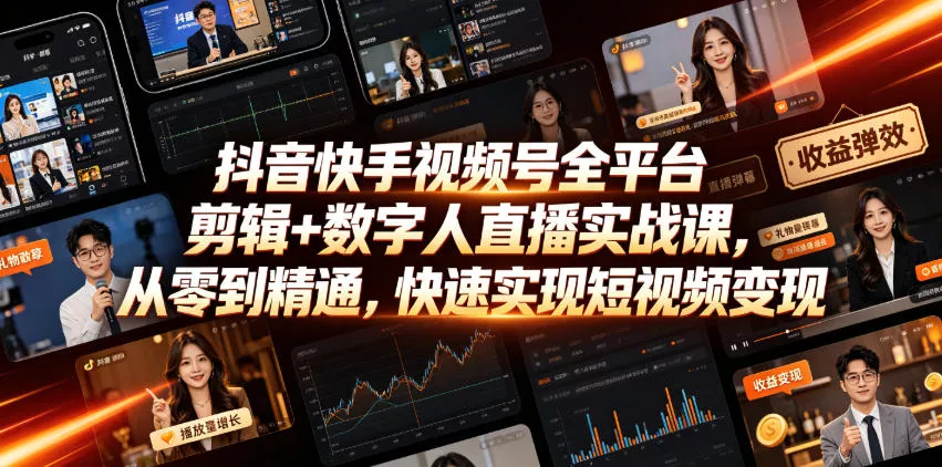 抖音快手视频号全平台剪辑+数字人直播实战课，从零到精通，快速实现短视频变现(更新2026年10月)-九九网创