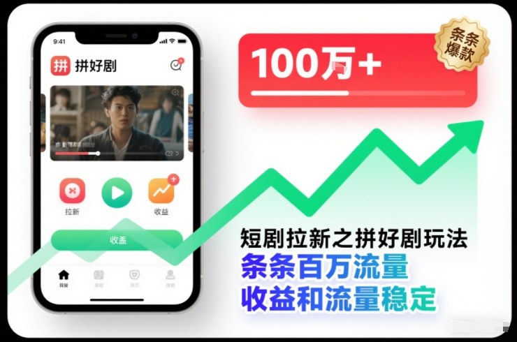 短剧拉新之拼好剧玩法，条条百万流量，收益和流量稳定-九九网创