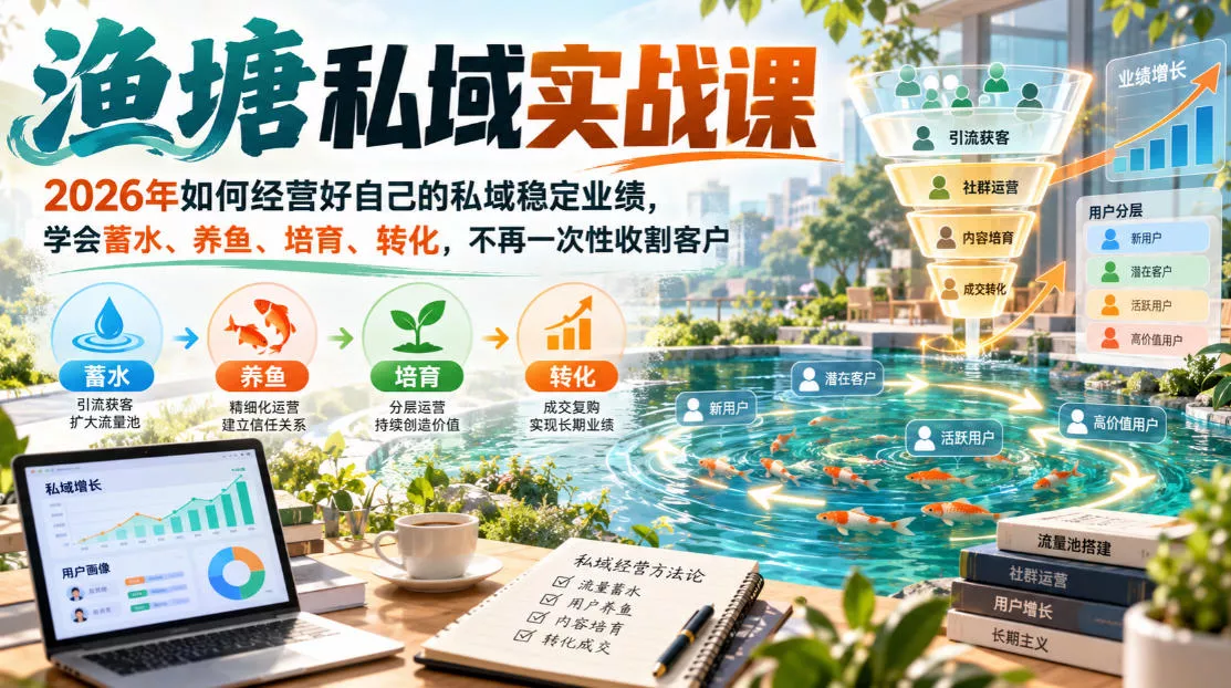 渔塘私域实战课，2026年如何经营好自己的私域稳定业绩，学会蓄水、养鱼、培育、转化，不再一次性收割客户-九九网创
