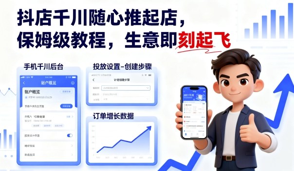 抖店千川随心推起店，保姆级教程，生意即刻起飞-九九网创