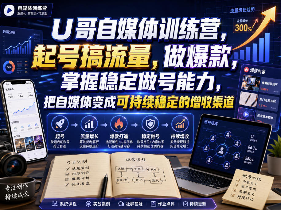 U哥自媒体训练营，起号搞流量，做爆款，掌握稳定做号能力，把自媒体变成可持续稳定的增收渠道-九九网创