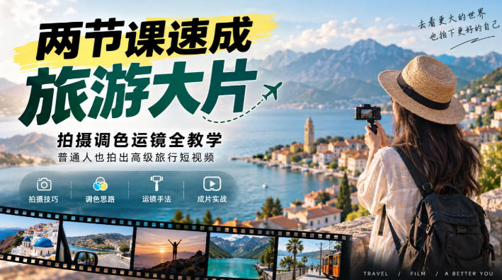 两节课速成旅游大片｜拍摄调色运镜全教学，普通人也拍出高级旅行短视频-九九网创